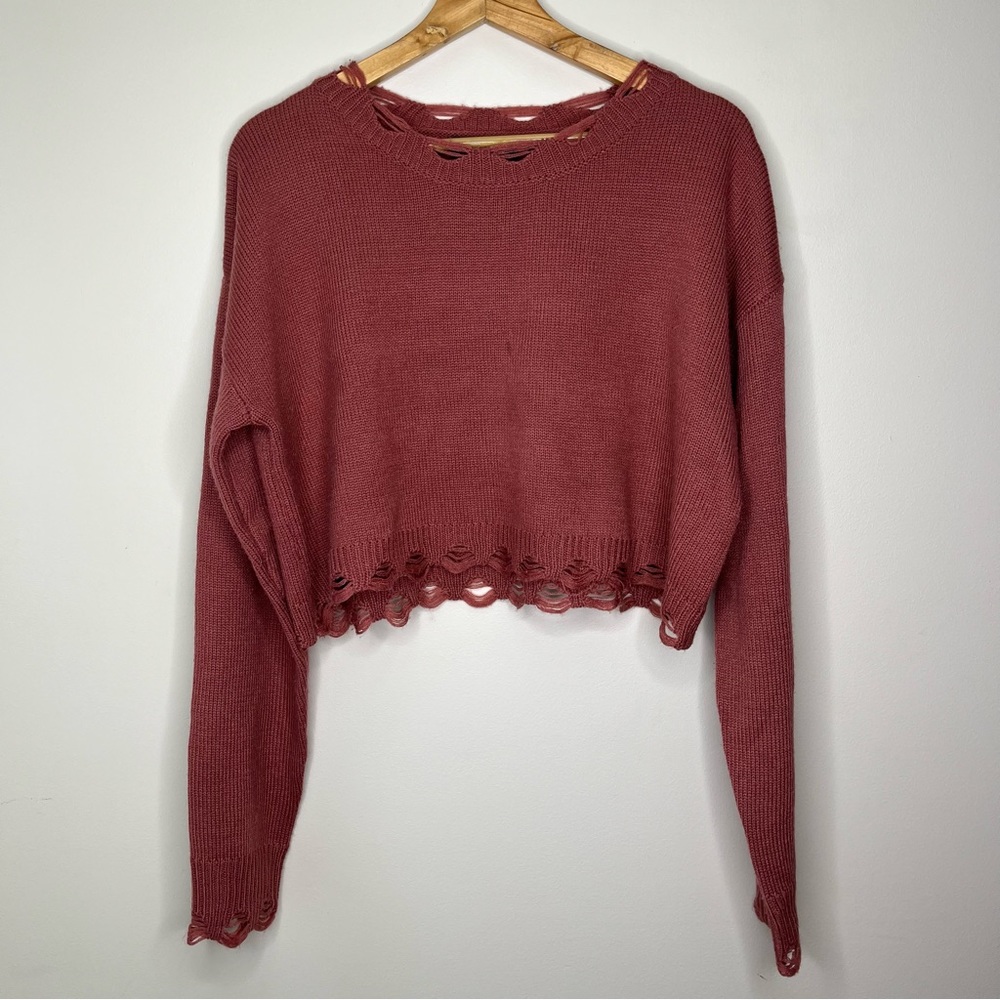 𝅺Hera Collection Crop‎ Sweater Mauve Rose Pink Distressed Size L
